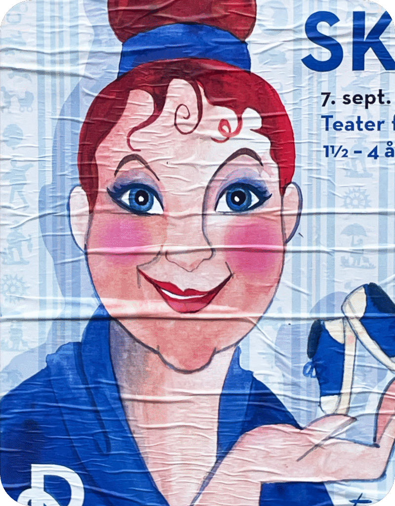 Illustration auf einem Plakat mit einer Frau mit großen, blauen Augen, roten Wangen und zum Dutt frisierten Haaren, freundlich optimistisch lächelnd