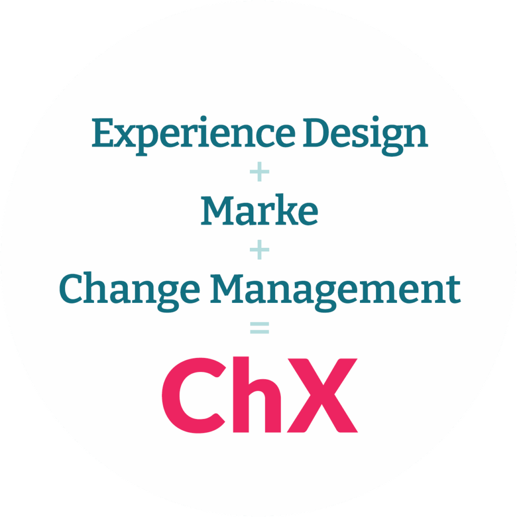In einem weißen Kreis ist eine Formel zu sehen, die besagt, dass Experience Design plus Marke plus Change Management gleich ChX, also Change Experience, ergeben